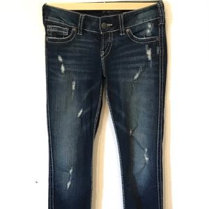 Silver Jeans McKenzie Distressed Dark Wash Glitter Pockets Size 29 Length 32
